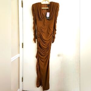 NWT Pretty Little Thing Chocolate Underwire Detail Ruched Mesh Midaxi Dress 8